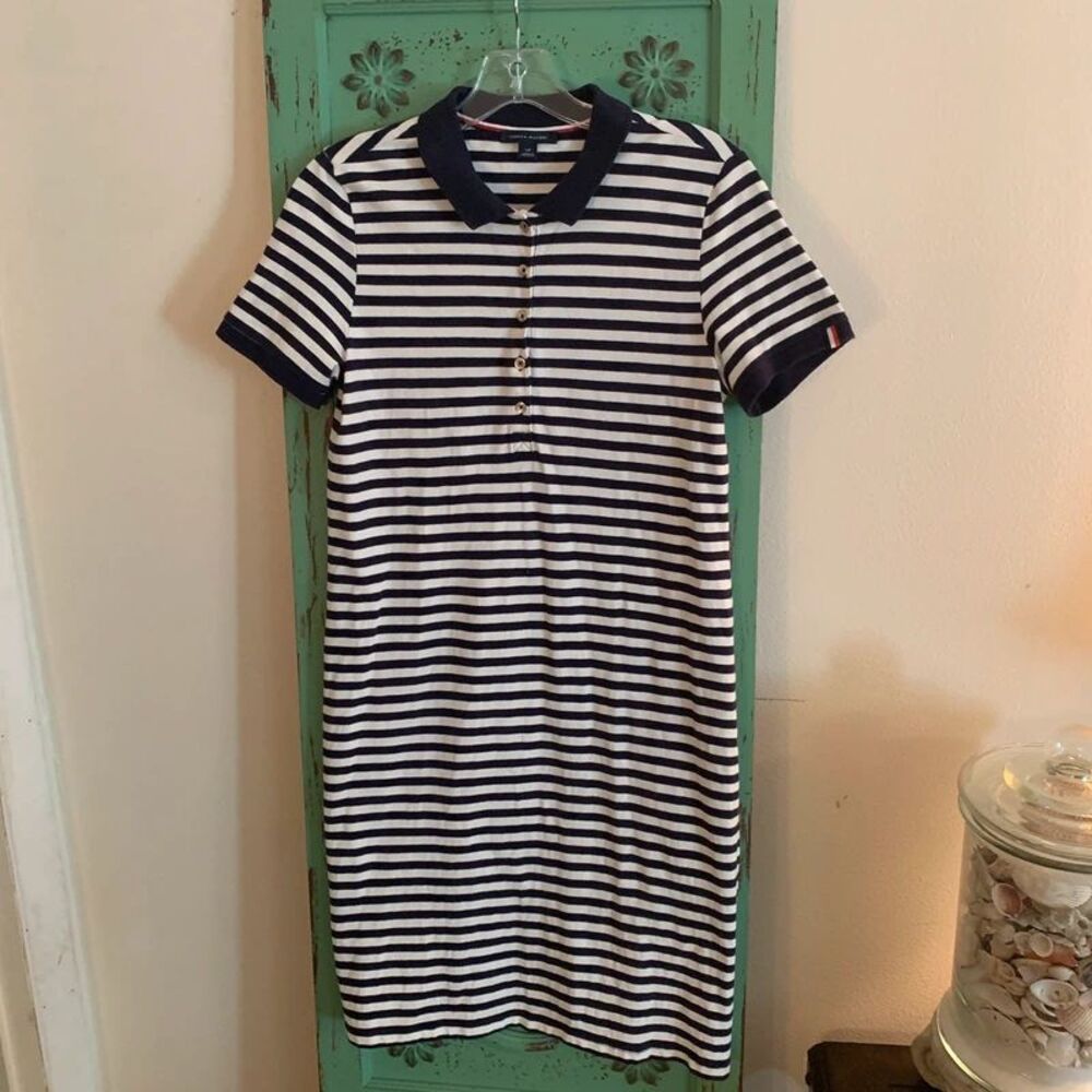 Tommy Hilfiger Women Navy White Stripe Polo Dress Size SP Short Sleeve Button Up